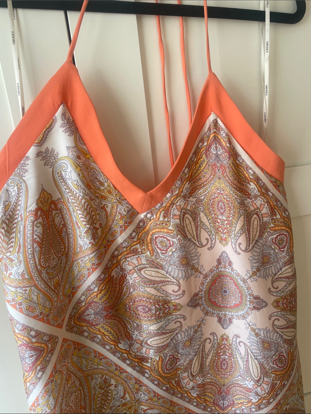 Forever 21 Satin Halter Maxi Dress Coral Orange Paisley Pattern